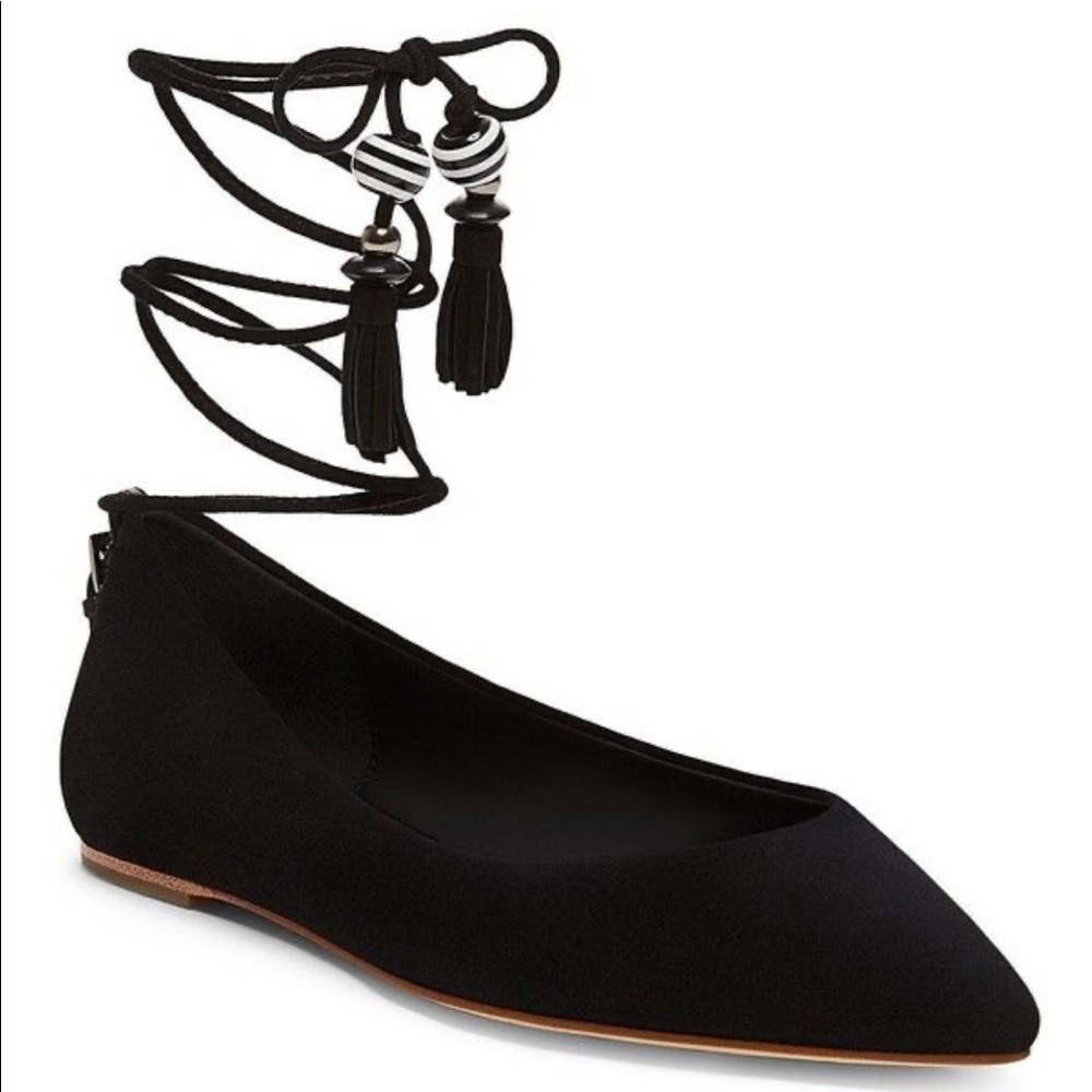 B Brian Atwood Skylar Lace Up Black Suede Flats